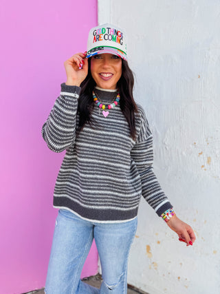 Meg Striped Sweater-Charcoal