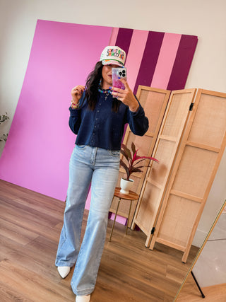 Lainey Waffle Knit Top-Navy