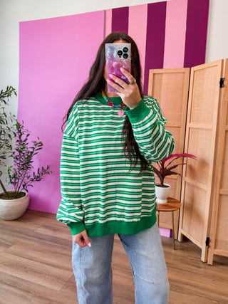 Kameron Striped Mock Neck-Cream/Green