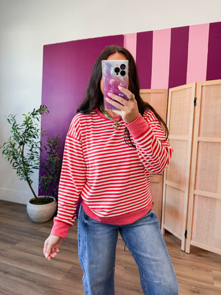 Chelsey Striped Pullover-Raspberry Red