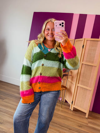 Color Muse Striped Cardigan-Green Mix