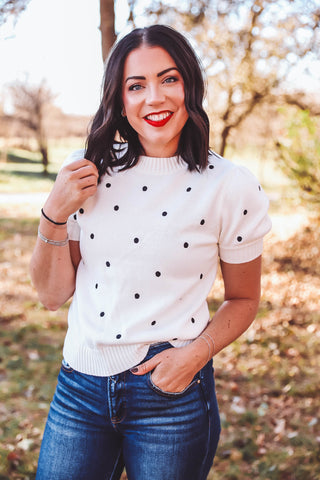 Gemma Polka Dot Knit Top-White