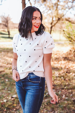 Gemma Polka Dot Knit Top-White