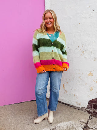 Color Muse Striped Cardigan-Green Mix