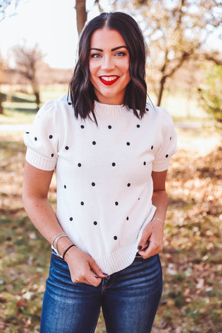 Gemma Polka Dot Knit Top-White