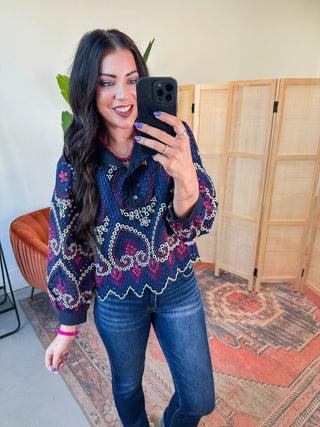 Adeline Embroidered Top-Navy