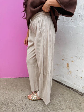 Thea Striped Barrel Pants-Taupe