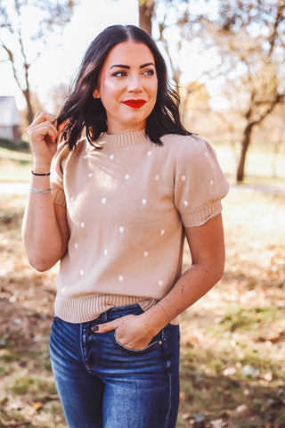 Gemma Polka Dot Knit Top-Taupe