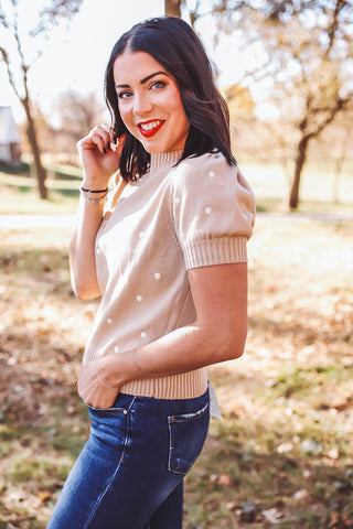 Gemma Polka Dot Knit Top-Taupe