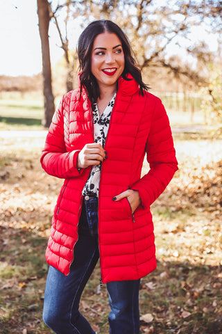 Ellis Quilted Puffer Jacket-Red