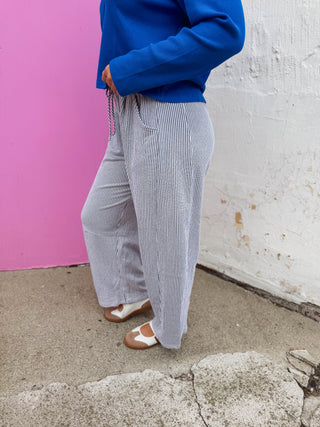 Thea Striped Barrel Pants-Navy