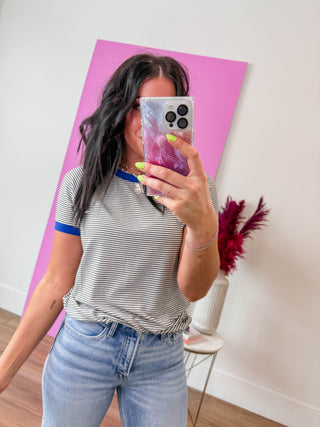 Claire Striped Top-Ivory/Royal