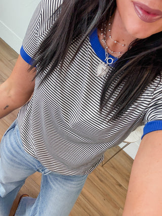 Claire Striped Top-Ivory/Royal