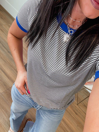 Claire Striped Top-Ivory/Royal