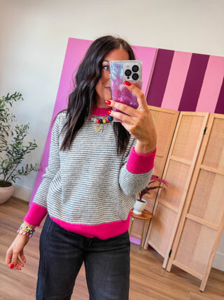 Karlie Striped Sweater-Grey/Pink