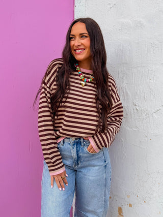 Maisie Striped Sweater-Choco/Pink