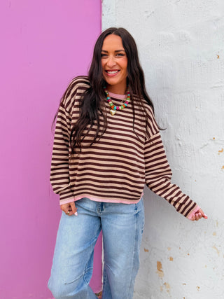 Maisie Striped Sweater-Choco/Pink