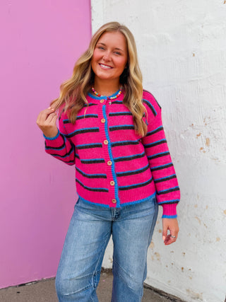 Nikki Striped Cardigan-Magenta Mix