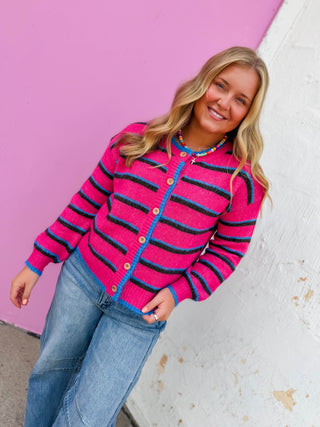 Nikki Striped Cardigan-Magenta Mix