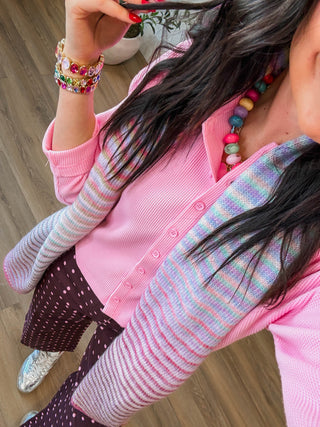 Lainey Waffle Knit Top-Pink