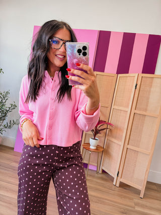 Lainey Waffle Knit Top-Pink