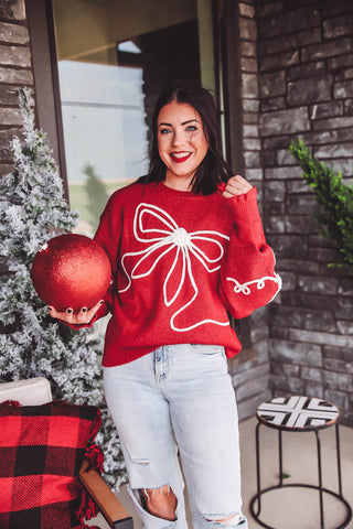 Kristi Bow Sweater-Red/Cream