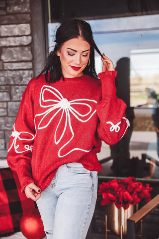 Kristi Bow Sweater-Red/Cream