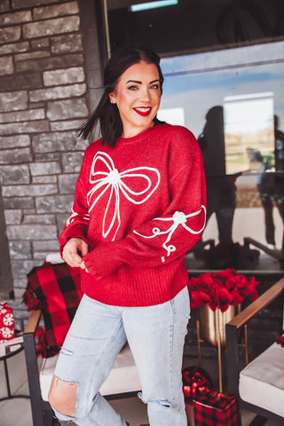 Kristi Bow Sweater-Red/Cream