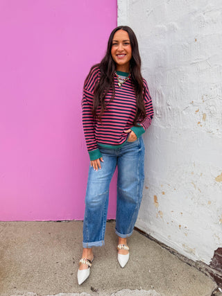 Heidi Striped Pullover-Fuchsia/Green