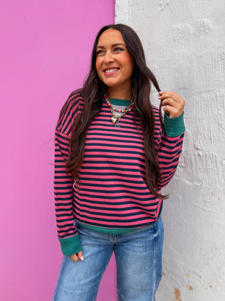 Heidi Striped Pullover-Fuchsia/Green