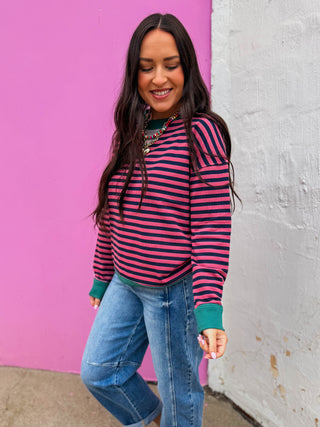 Heidi Striped Pullover-Fuchsia/Green