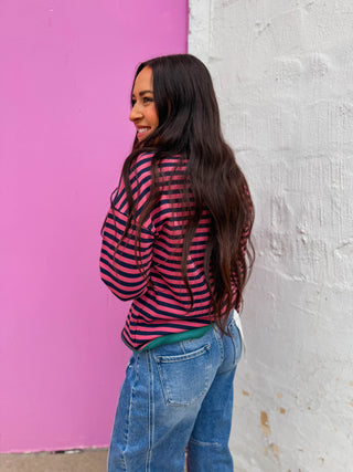 Heidi Striped Pullover-Fuchsia/Green