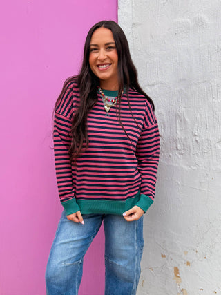 Heidi Striped Pullover-Fuchsia/Green