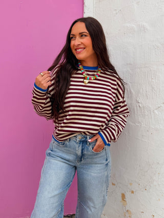 Maisie Striped Sweater-Bordeaux/Cobalt