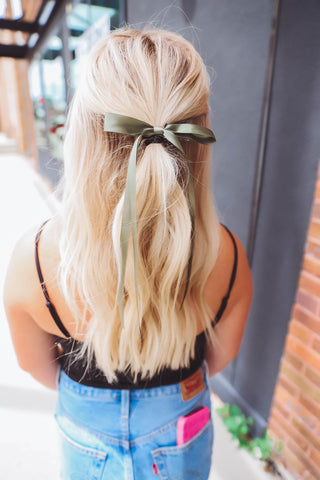 Satin Bow Hair Clip-Olive