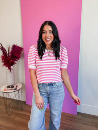 Leigh Striped Knit Top-Pink
