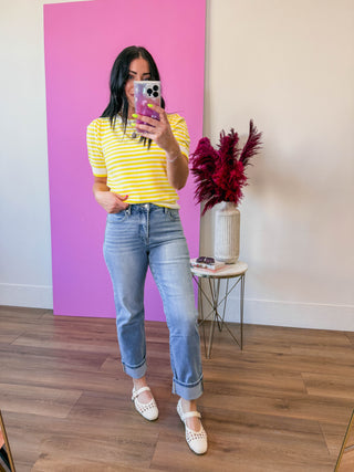 Leigh Striped Knit Top-Lemon