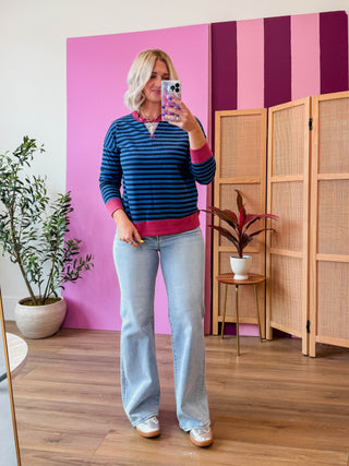 Heidi Striped Pullover-Navy/Fuchsia