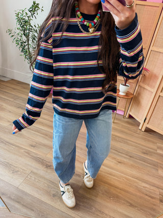 Logan Striped Long Sleeve-Navy