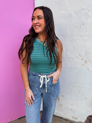 Cool Girl Striped Tank-Dusty Teal