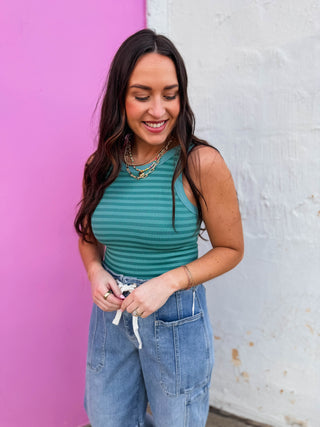 Cool Girl Striped Tank-Dusty Teal