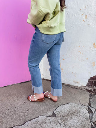 Aubree Mid Rise Cuffed Straight Leg Denim