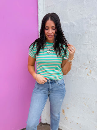 Aiden Striped Tee-Teal/Mocha
