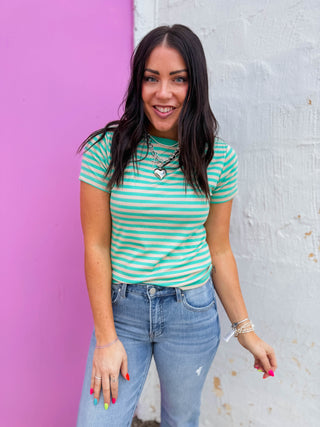 Aiden Striped Tee-Teal/Mocha