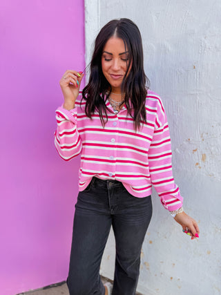 Everyday Edge Striped Cardigan-Pink Mix