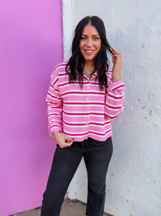 Everyday Edge Striped Cardigan-Pink Mix