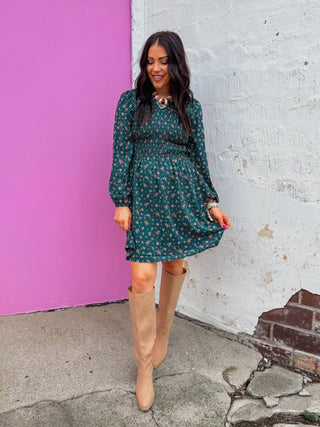 Talia Floral Mini Dress-Hunter Green