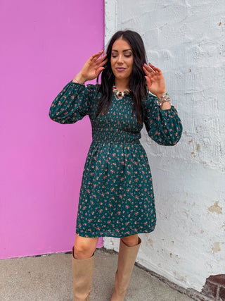 Talia Floral Mini Dress-Hunter Green