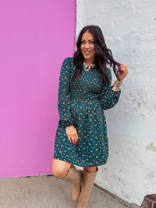 Talia Floral Mini Dress-Hunter Green