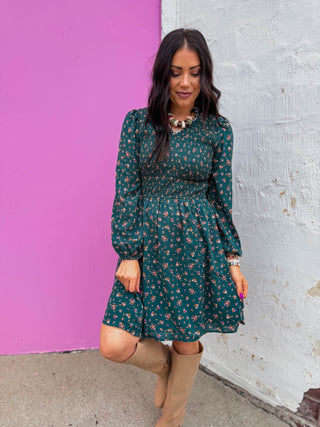 Talia Floral Mini Dress-Hunter Green